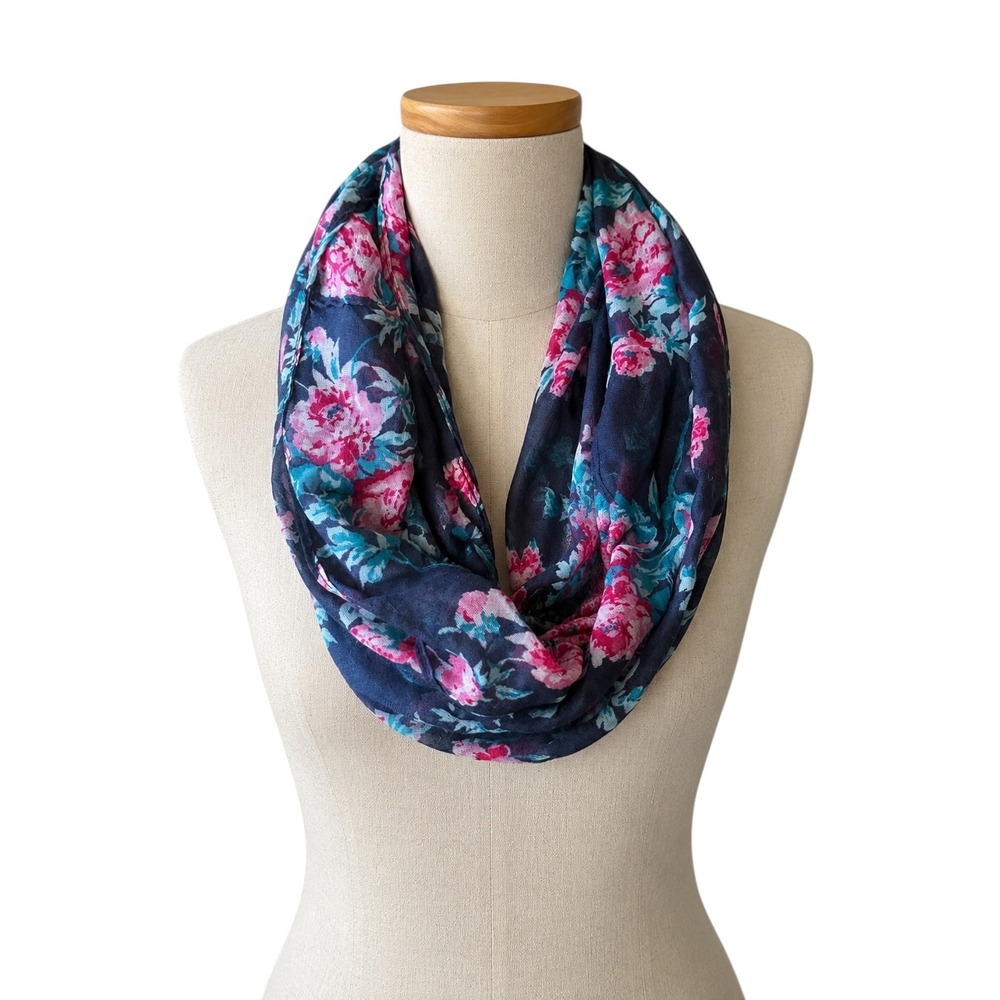 Floral Infinity‎ Scarf Navy Pink Blue Lightweight Loop Circle Scarf Women